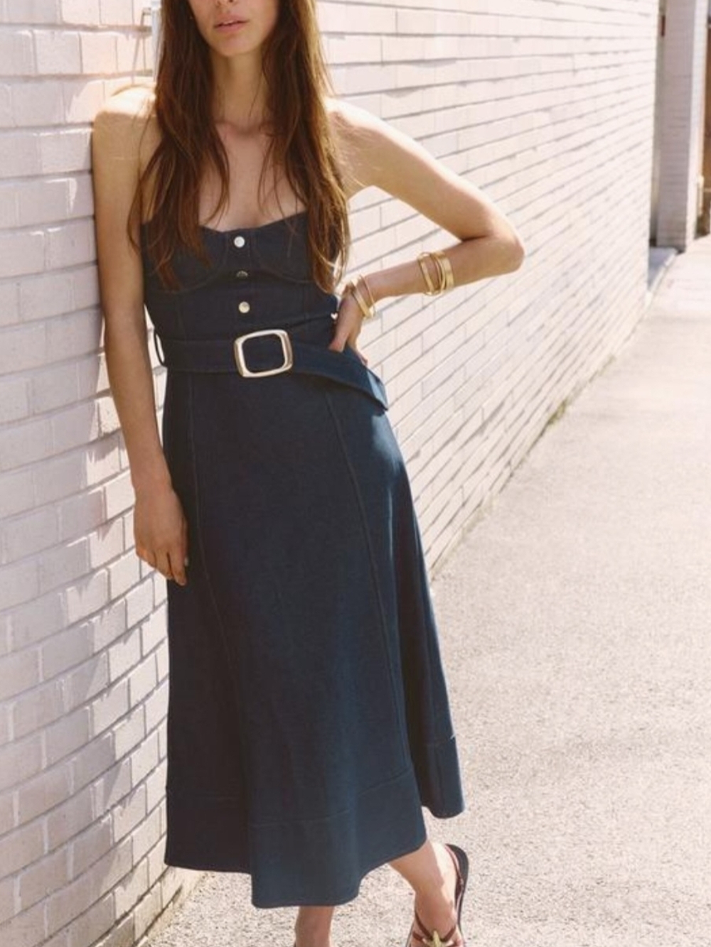 ZARA Strapless Navy Faux Denim Midi Dress with Belt - MISSING BELT - Picture 3 of 7